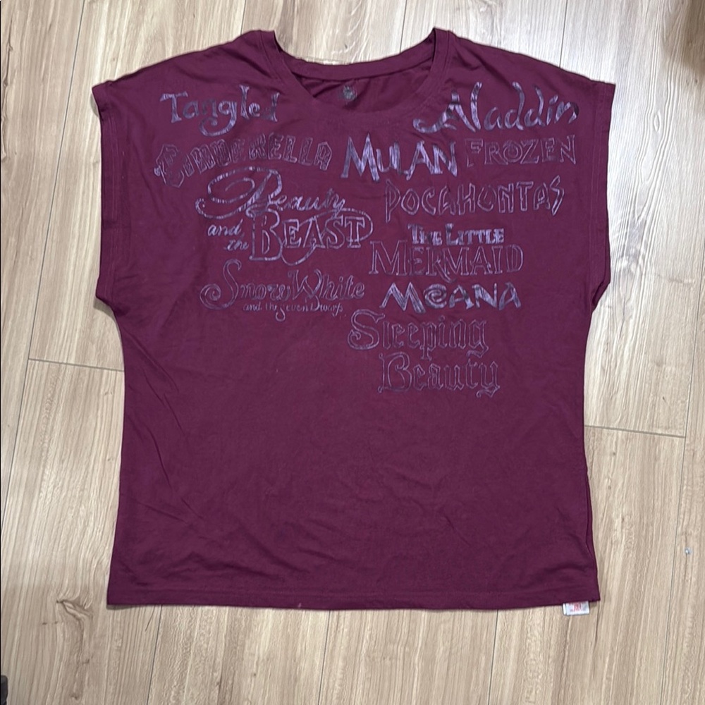 Disney Women's Short Sleeve Tee Burgundy with Metallic Script